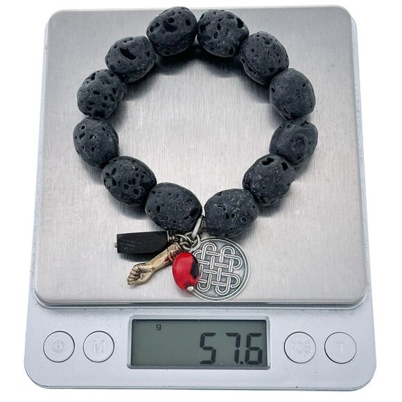 Sterling Silver 950 Black Lava Bead Figa Huayruro Knot Jet Stretch Bracelet 7" - Picture 6 of 6